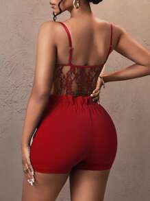 Slaydiva 2pcs Set: Sexy Elegant Spaghetti Strap Lace Sheer Jumpsuit + Ruffle Tie Bow Hem Shorts, Navy Blue, Women Summer New Arrival - Red - View 2