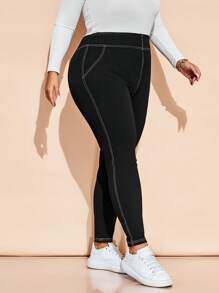 SHEIN CURVE+ Curve Plus Women's Casual Seam Topstitched Skinny Pants, Autumn/Winter - Black - View 3