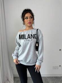 Chiquease Sudadera holgada de manga larga con estampado de letras, de cuello diagonal caído y tejido versátil y casual, para otoño/invierno