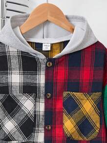 SHEIN Tween Boys Plaid Print Colorblock Hooded Shirt Without Tee