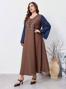 Al Najma Váy dài tay loe họa tiết hoa cỡ lớn cho nữ, phong cách Abaya, váy dài Ả Rập giản dị, mặc thường ngày/ở nhà - màu nâu - Xem 4
