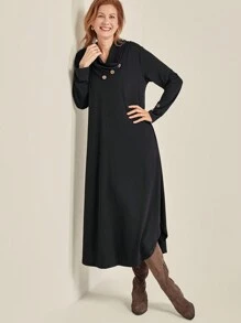 EMERY ROSE Women Plus Size Casual Loose Long Sleeve Crossed Layered Collar Long Dress, Suitable For Autumn/Winter Maxi Women Outfit Fall Cloth For Women - Black - View 3