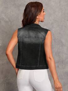 SHEIN LUNE Women's Casual Washed Denim Sleeveless Jacket - Black - View 2