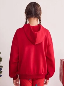 SHEIN 少女红色圣诞/新年长袖字母和鹿印花休闲宽松卫衣，日常穿着 - 紅色 - 查看 2