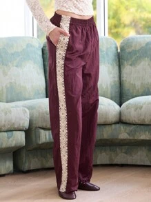 Aralina Sporty Nylon With Lace Stripe Fashion Detail Mid Rise Wide Leg Pants