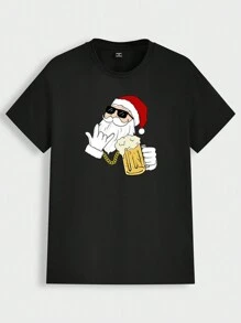 Manfinity Homme Áo thun nam cổ tròn thiết kế hình ông già Noel bia Giáng sinh màu đen đơn giản - màu đen - Xem 3