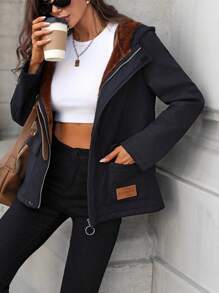 SHEIN LUNE Women's Solid Color Thermal Lined Zip-Up Hooded Jacket, Regular Fit, Casual Daily Wear, Autumn/Winter Fall Cloth For Women