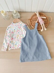 SHEIN LMoss Kids Babygirl 可爱秋季灯芯绒花卉刺绣围兜裙和长袖上衣套装 - 藍色 - 查看 2