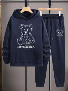 SHEIN Cottnline Men Letter And Bear Printed Regular Hoodie & Pants Set - Navy Blue - View 3