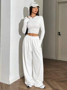 SHEIN EZwear Bộ áo thun dài tay cổ tròn màu trơn và quần legging ôm vừa vặn cho nữ, mùa thu - trắng - Xem 3