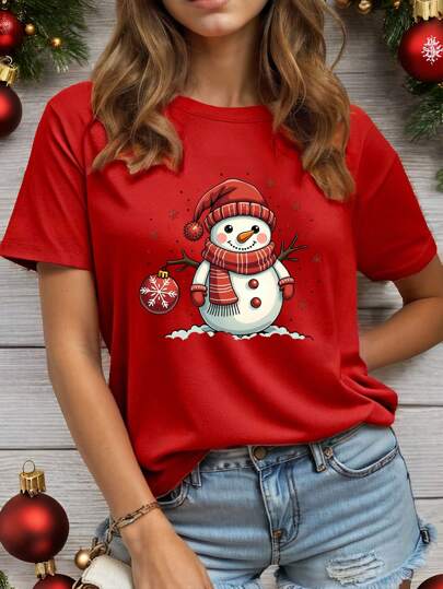 SHEIN Essnce Christmas Plus Size Snowman Graphic Round Neck Short Sleeve Red Fitted T-Shirt, Casual Wear For Women, Summer