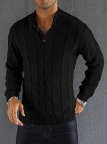 Manfinity Homme 男士休闲纯色半扣开衫 - 黑色 - 查看 1