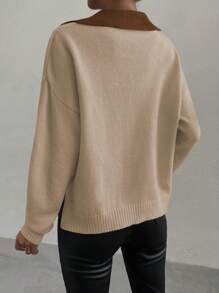 SHEIN Unity Sweater Rajut Wanita Lengan Panjang Kasual Kerah V Warna Kontras, Model Pullover Rajut Musim Gugur/Musim Dingin - MultiWarna - View 2