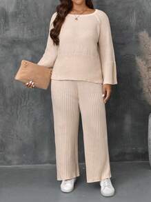 EMERY ROSE Conjunto de punto de 2 piezas talla grande compuesto por un jersey casual de escote de barco y mangas de murciélago en color albaricoque talla grande pantalón de pierna ancha, para otoño e invierno