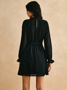 Poéselle Frill Neck Flare Sleeve Belted Pleated Hem Dress - Black - View 5