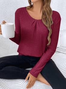 SHEIN Frenchy Women Solid Color Lace Splice Ribbed Long Sleeve Casual T-Shirt, Autumn - Burgundy - View 2