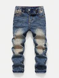 SHEIN Young Boy Blue Comfortable And Refreshing Dark Wash Cut Out Ripped Frayed Design Elasticity Jeans For Dailywear