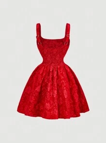 SHEIN MOD Váy Jacquard phong cách cung điện cổ điển màu trắng cho nữ Váy mùa hè cho nữ Váy phù dâu Quần áo dự tiệc cô dâu trở lại trường - Đỏ - Xem 2