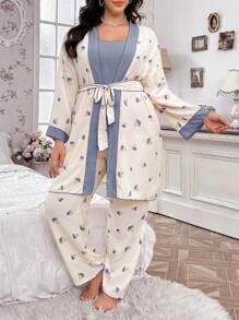 CottageSlumber Plus Size Women Wrinkled Floral Print Cami Top And Belted Robe And Pants Lounge Pajama Set, Cozy And Elegant Details, Fall Winter Clothes - Blue - View 5