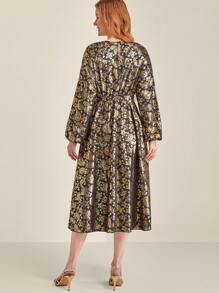 SHEIN Clasi Vestido de mujer de talla grande con cuello redondo, mangas farol y estampado de paisley con lámina, vestido maxi de otoño para mujer - Multicolor - Ver 2