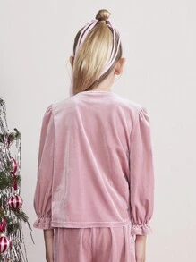 SHEIN بلوزة كشمير مطموم الأكمام مزينة بشريط الساتان للبنات الصغيرات،استخدام في احتفالات عيد الميلاد ورأس السنة، بتصميم مناسب للخريف والشتاء - وردي - مشاهدة 2