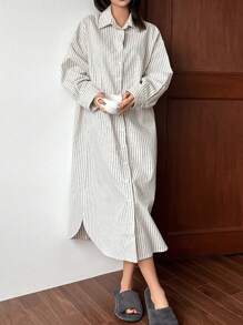 DAZY Striped Loose Shirt Dress Casual Loungewear - White - View 3