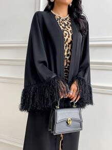 Al Najma 2 件套女士套装 - 纯色流苏长夹克和豹纹连衣裙，时尚秋季服装 2 件套 - 黑色 - 查看 4