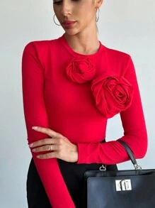 Firerie 2pcs/Set Women Solid Round Neck Long Sleeve Top With Floral Decor And Pencil Skirt