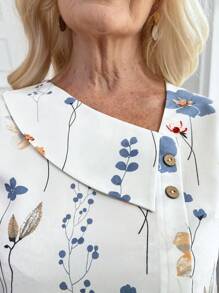 EMERY ROSE Women Floral Print Small Lapel Long Sleeve Shirt (Asymmetric Pattern)