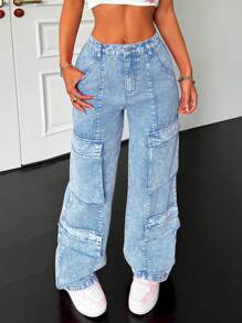 SHEIN PETITE Jeans anchos y amplios de algodón para mujer, con diseño sexy, pantalones cargo para mujer, pantalones color rosa intenso, pantalones para homecoming, jeans anchos, jeans anchos para mujer, jeans de tiro bajo