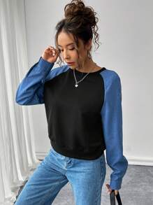 SHEIN Unity Women's Sweatshirt, Autumn/Winter, Wind & Cold Protection, Street Fashion, Stylish, Mature Lady, Ladies Top, Patchwork Pullover Fall - Multicolor - View 4