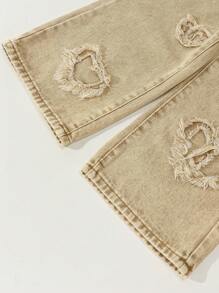 Pantalones informales para niña de lavado de tono claro con cintura completamente elástica, parche con bordado de corazón y piernas anchas con bolsillos planos, el mejor conjunto de moda diaria