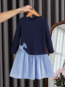 SHEIN Elladie kids Young Girl Color-Block Round Neck Long Sleeve Bow Decor Cute Dress For Autumn - Blue - View 3