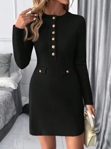 SHEIN Clasi 女士优雅通勤纽扣装饰短款针织毛衣裙秋冬 - 黑色 - 查看 6