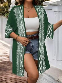 SHEIN LUNE Cárdigan de manga larga de punto versátil y casual con estampado geométrico en tallas grandes