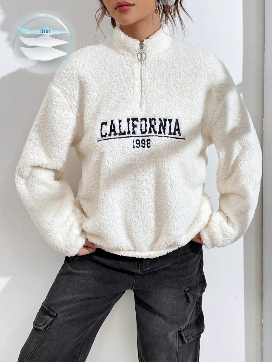 SHEIN EZwear Sudadera de forro polar con cremallera media y hombros caídos con bordado de letras de primavera, tops de manga larga en otoño/invierno - Beis - Ver 1