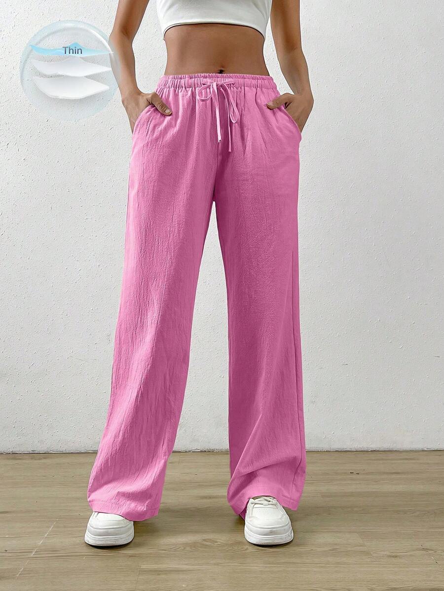 SHEIN EZwear Màu thuần Eo dây rút Dài Quần - Hồng - Xem 1