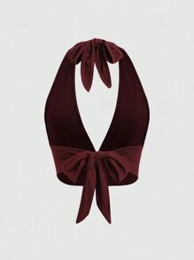 SHEIN Unity Áo thun nữ cổ yếm hở lưng buộc dây đơn giản, mặc hàng ngày - Màu Đỏ Sâu - Xem 2