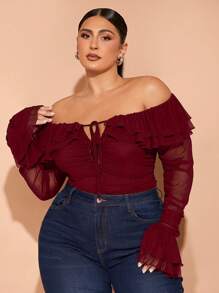 SHEIN BAE 大码秋季优雅外出性感派对女士黑色网眼露肩露肩荷叶边抹胸性感前中心系带荷叶边袖口聚拢紧身衣甜美紧身衣派对紧身衣婚礼宾客紧身衣万圣节装圣诞装生日派对装 - 酒紅色 - 查看 4