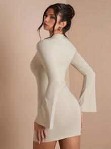 SHEIN BAE Đầm ôm body tay dài cổ bẻ cho nữ, thích hợp mặc vào mùa thu/đông, trang phục hàng ngày/công sở - Màu be - Xem 2