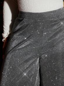 SHEIN SXY 大码女式金属银色亮面高腰阔腿裤，适合秋冬季节、白色圣诞夜派对、约会之夜、生日、单身派对、可爱休闲、购物、街头风、外出等场合，易于搭配，显瘦，凸显身材，修饰身形。 - 銀色 - 查看 10