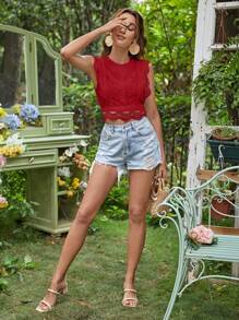 KARISMINA Spring Break Women's Lace Cover Sleeve Button-Down Summer Women Beach White Shirt - Red - View 6