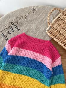 SHEIN LMoss Kids LMoss Baby Girl Colorful Stripe Long Sleeve Sweater Dress, For Autumn & Winter