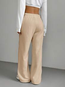 Muchica Women Casual Khaki Woven Drawstring Waist Wide Leg Pants - Khaki - View 2