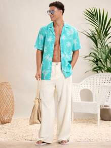 SHEIN X ELOISA & ORSON Manfinity VCAY Conjunto de playa para hombre, pantalones casuales anchos y holgados de lino blanco, transpirables y ligeros para verano