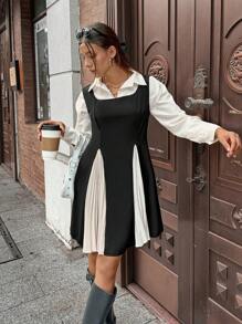 Chiquease Vestido de tirantes fruncido con bloqueo de color - Negro - Ver 6