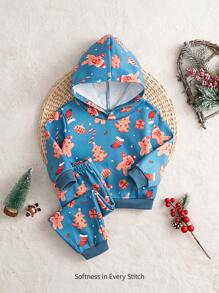 Cozy Pixies Bộ 2 món/Bộ áo nỉ trùm đầu dài tay họa tiết bánh gừng Giáng sinh cho bé trai và quần dài chạy bộ - Màu xanh bụi bặm - Xem 1