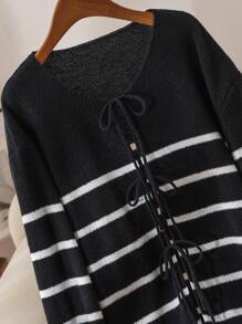 SHEIN Frenchy Plus Size Color Block Striped Tie Front Cardigan, Casual For Autumn & Winter Fall/Winter - Black and White - View 3