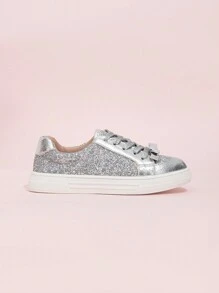 1 Pair Fashionable Glitter Lace-Up Flats Sport Shoes For Girls
