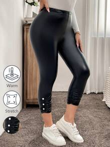 SHEIN LUNE Leggings décontractés en PU à taille élastique froncée avec boutons pour femmes grandes tailles, vêtements d'automne grande taille